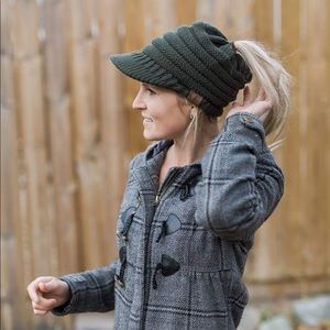 C.C Pony tail toque with brim in army green